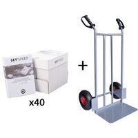 Pallet of paper with hand truck